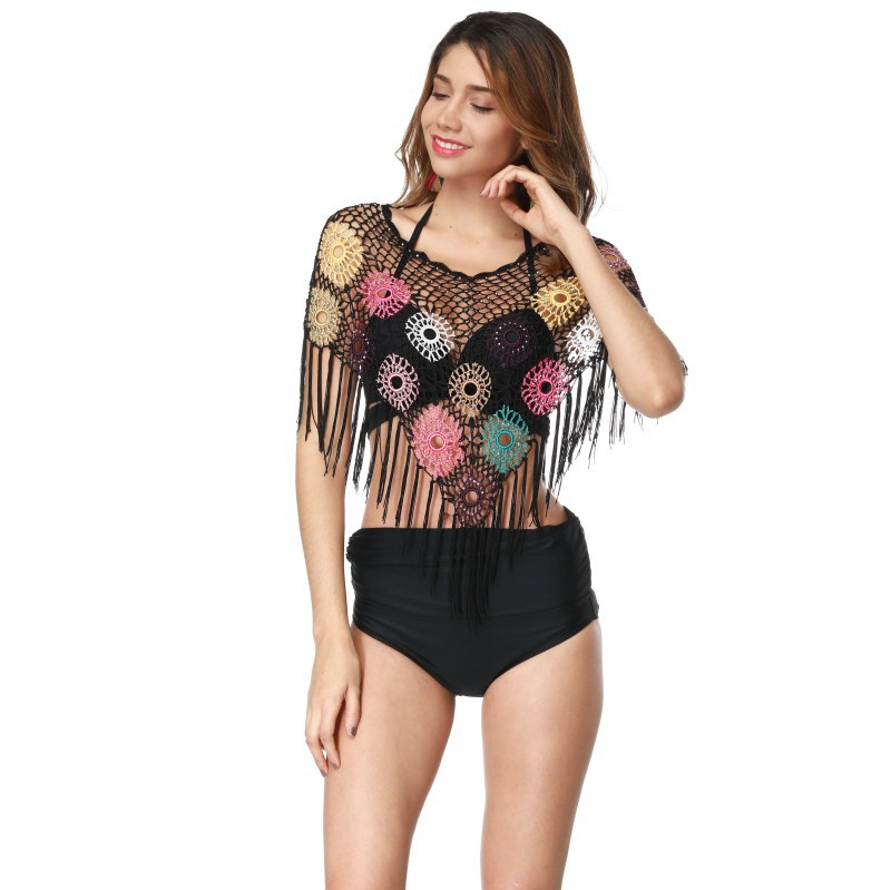 4711Women Hollow Tassel Floral Bead Bikini Cover Up